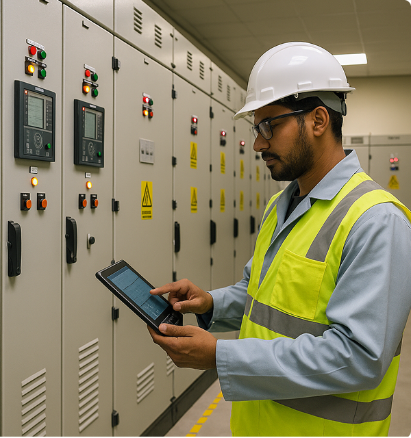 Two electrical engineers using a relay testing device on a control panel inside an industrial facility