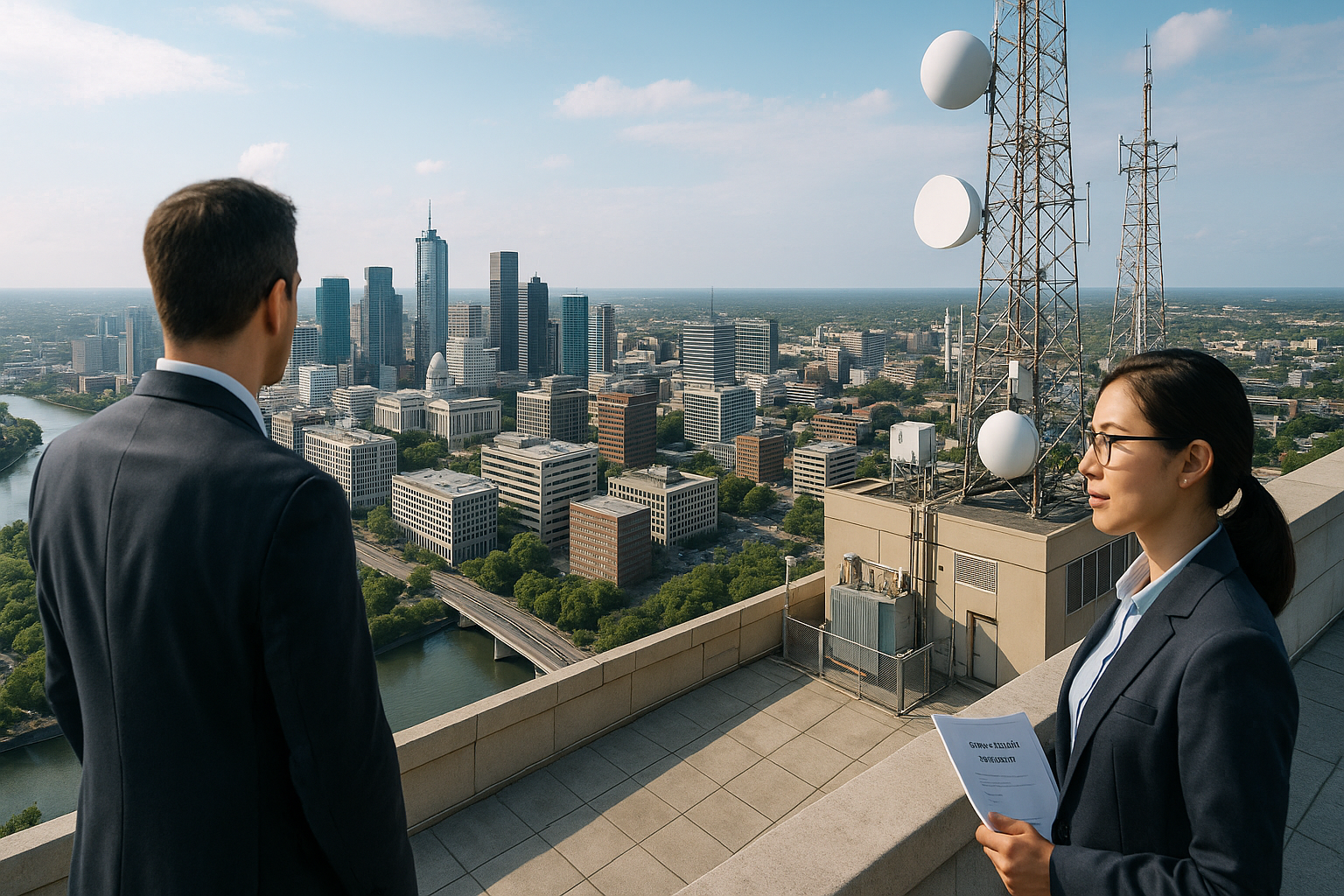 Business professionals standing on a rooftop overlooking a modern city skyline with communication towers in the background.