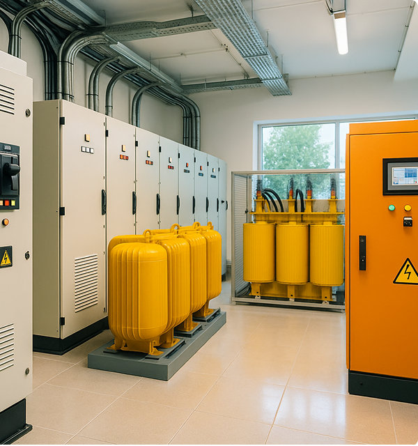 Modern indoor electrical room with high-voltage switchgear panels, capacitor banks, and a control cabinet.