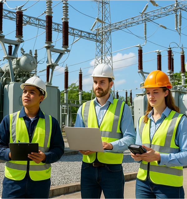 Three engineers in high-visibility vests conducting transformer monitoring and system evaluation at an electrical substation.