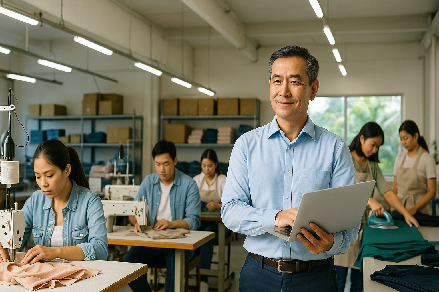 Factory manager with a laptop overseeing a team of garment workers in a textile manufacturing facility.